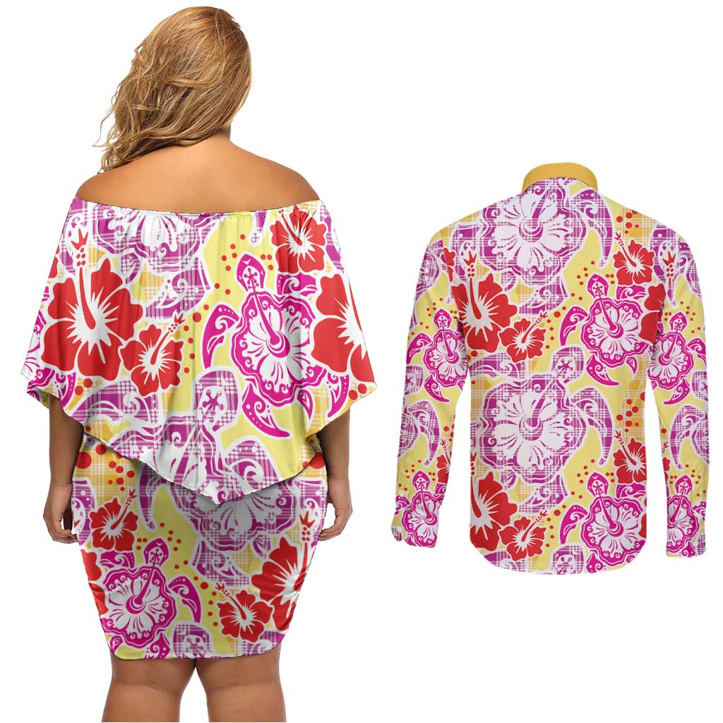 Palaka with Honu and Hibiscus Couples Matching Off Shoulder Short Dress and Long Sleeve Button Shirt Hawaiian Heritage Spirit LT9 - Polynesian Pride