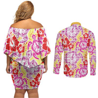 Palaka with Honu and Hibiscus Couples Matching Off Shoulder Short Dress and Long Sleeve Button Shirt Hawaiian Heritage Spirit LT9 - Polynesian Pride