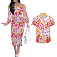 Palaka with Honu and Hibiscus Couples Matching Off The Shoulder Long Sleeve Dress and Hawaiian Shirt Hawaiian Heritage Spirit LT9 Red - Polynesian Pride