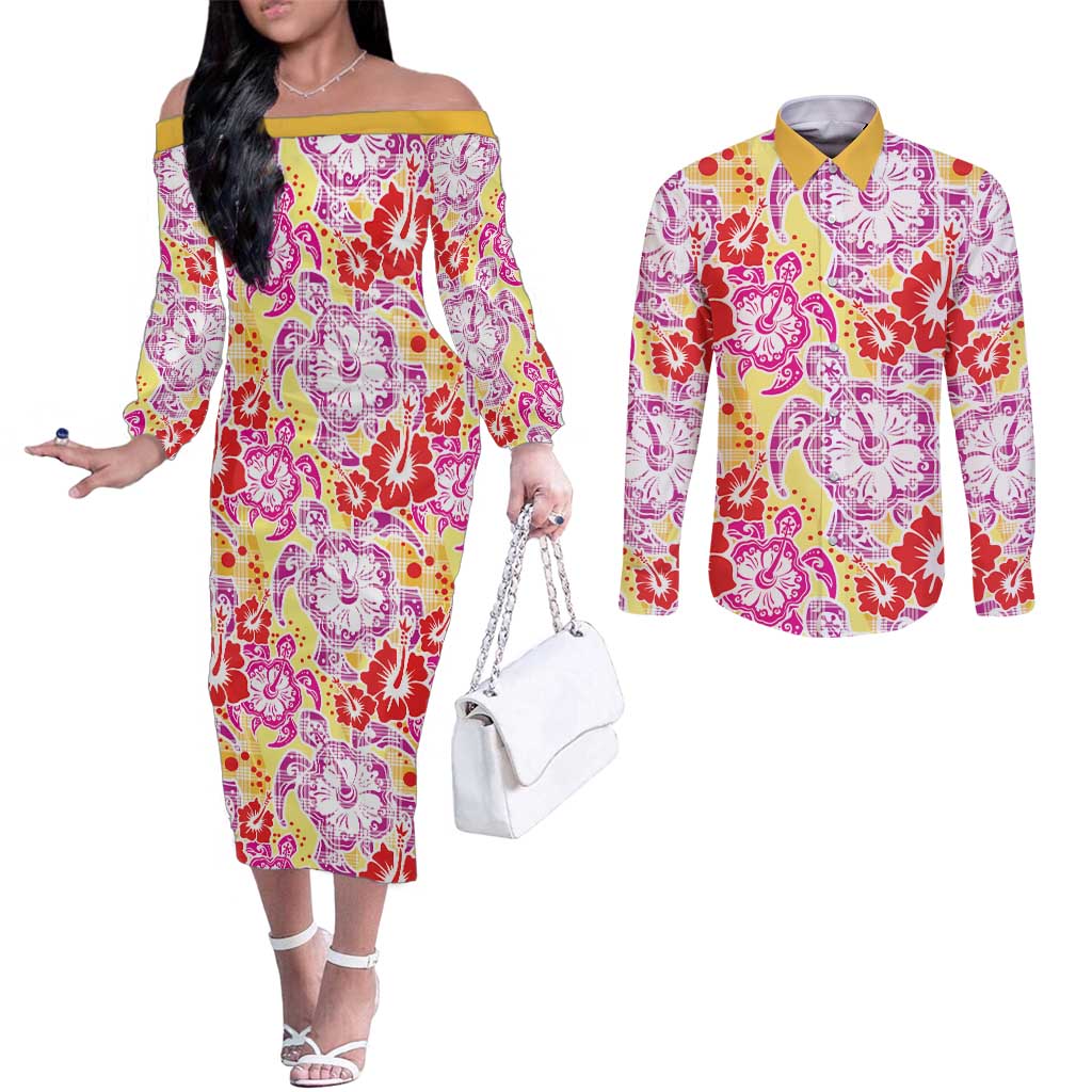 Palaka with Honu and Hibiscus Couples Matching Off The Shoulder Long Sleeve Dress and Long Sleeve Button Shirt Hawaiian Heritage Spirit LT9 Red - Polynesian Pride