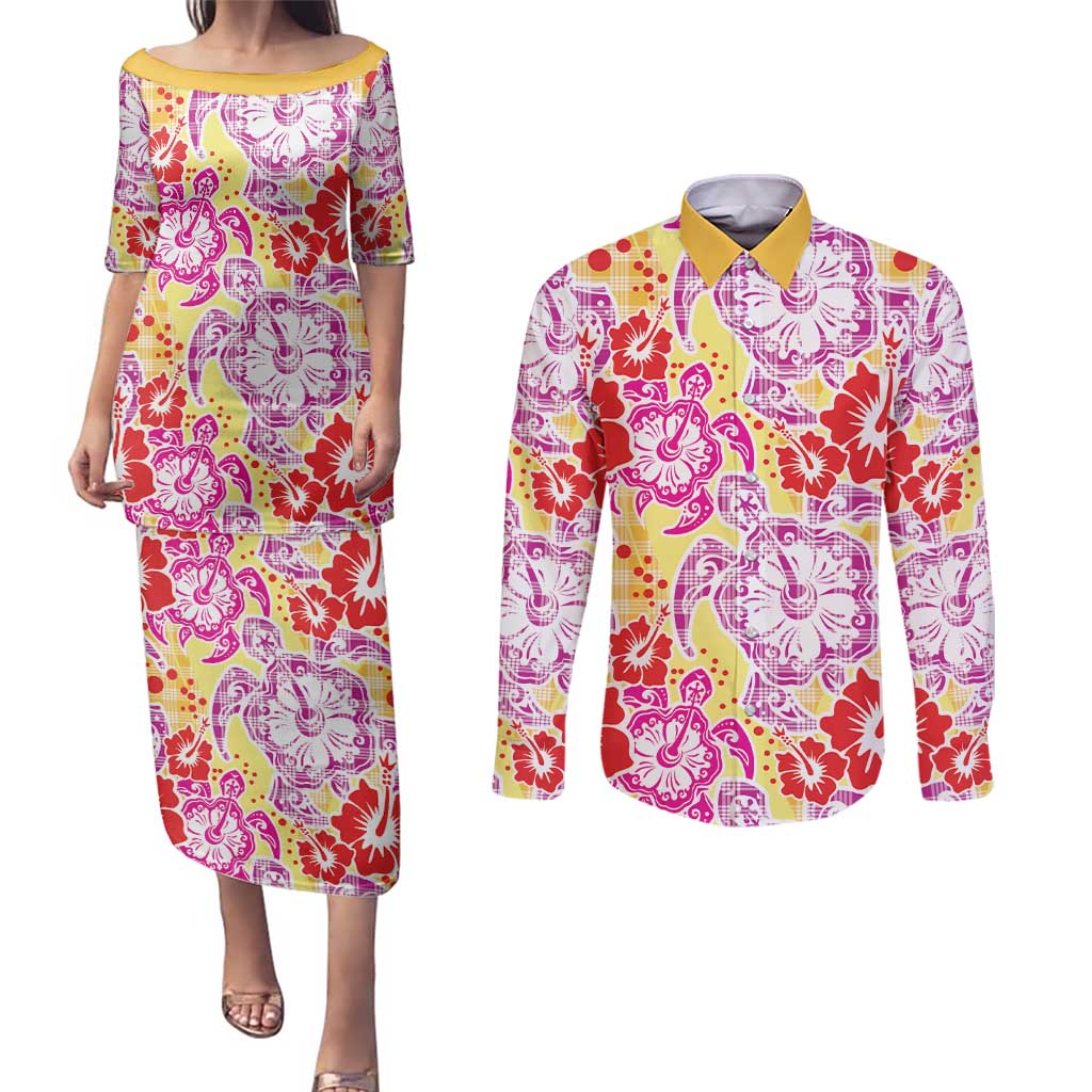 Palaka with Honu and Hibiscus Couples Matching Puletasi and Long Sleeve Button Shirt Hawaiian Heritage Spirit LT9 Red - Polynesian Pride
