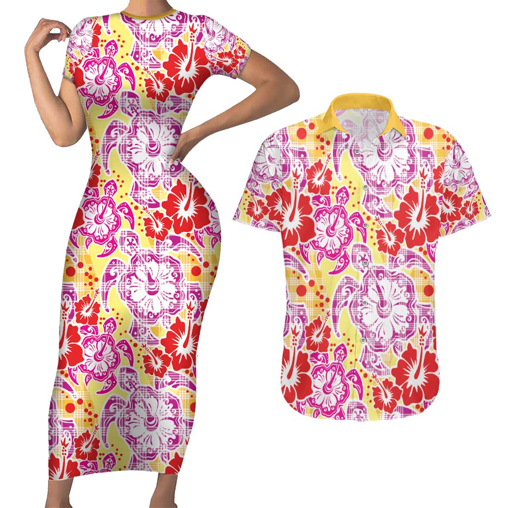 Palaka with Honu and Hibiscus Couples Matching Short Sleeve Bodycon Dress and Hawaiian Shirt Hawaiian Heritage Spirit LT9 Red - Polynesian Pride