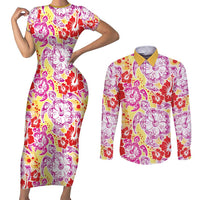 Palaka with Honu and Hibiscus Couples Matching Short Sleeve Bodycon Dress and Long Sleeve Button Shirt Hawaiian Heritage Spirit LT9 Red - Polynesian Pride