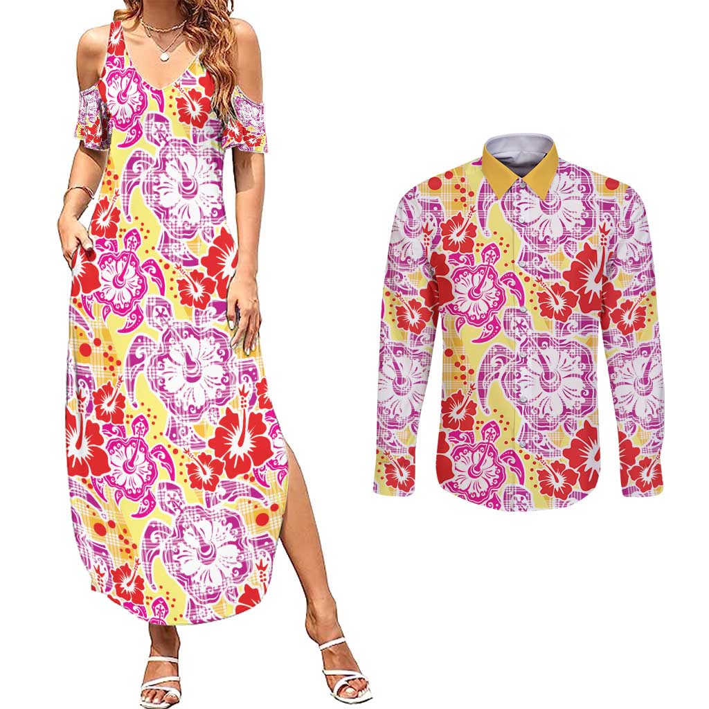 Palaka with Honu and Hibiscus Couples Matching Summer Maxi Dress and Long Sleeve Button Shirt Hawaiian Heritage Spirit LT9 Red - Polynesian Pride