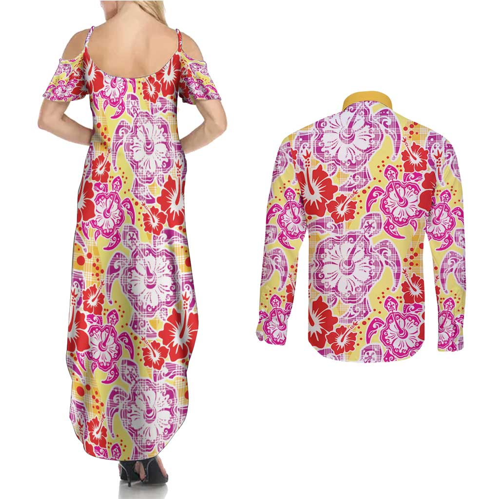 Palaka with Honu and Hibiscus Couples Matching Summer Maxi Dress and Long Sleeve Button Shirt Hawaiian Heritage Spirit LT9 - Polynesian Pride