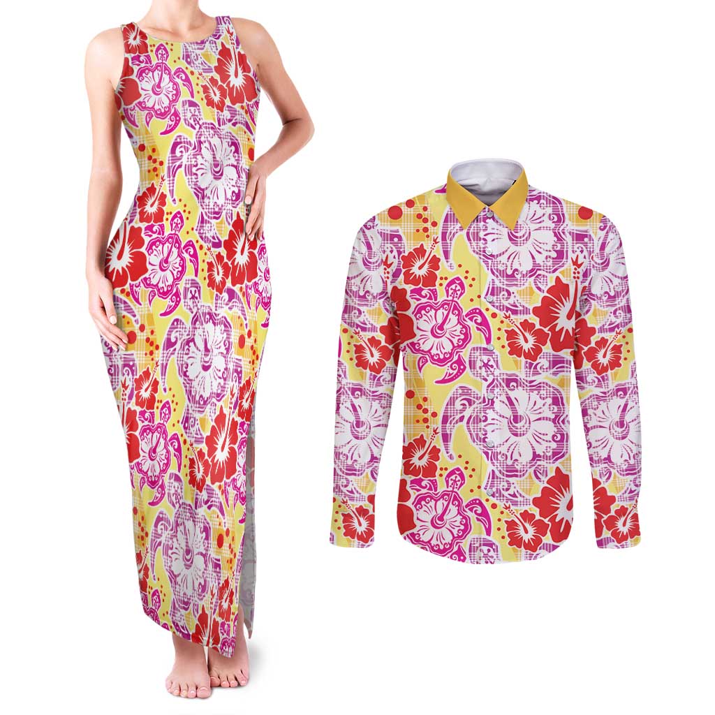 Palaka with Honu and Hibiscus Couples Matching Tank Maxi Dress and Long Sleeve Button Shirt Hawaiian Heritage Spirit LT9 Red - Polynesian Pride