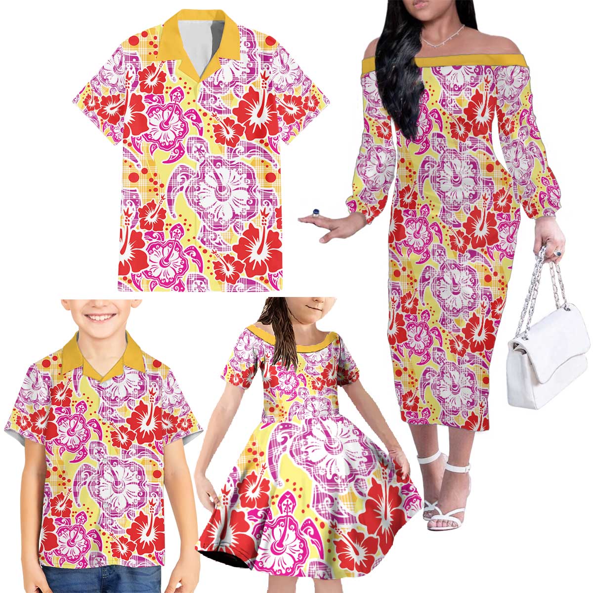 Palaka with Honu and Hibiscus Family Matching Off The Shoulder Long Sleeve Dress and Hawaiian Shirt Hawaiian Heritage Spirit LT9 - Polynesian Pride