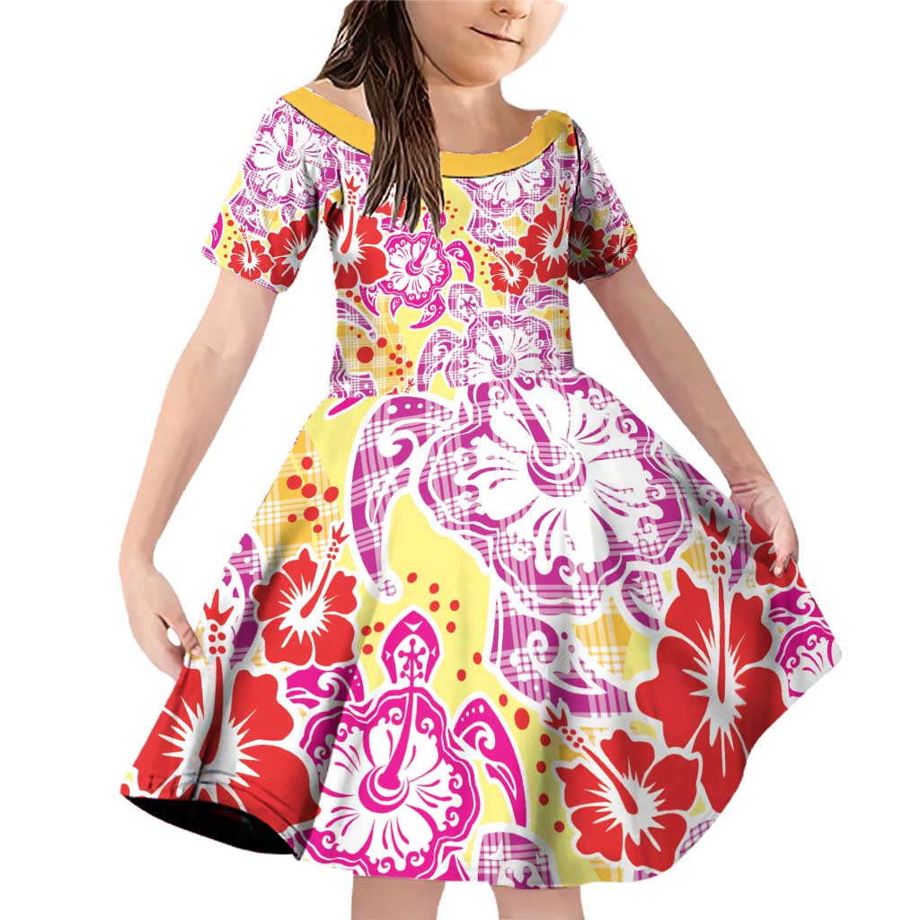 Palaka with Honu and Hibiscus Family Matching Off Shoulder Short Dress and Hawaiian Shirt Hawaiian Heritage Spirit LT9 Daughter's Dress Red - Polynesian Pride