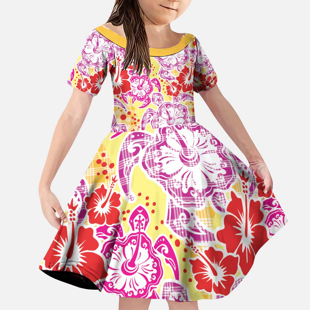 Palaka with Honu and Hibiscus Family Matching Puletasi and Hawaiian Shirt Hawaiian Heritage Spirit LT9 Daughter's Dress Red - Polynesian Pride