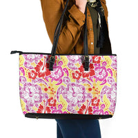 Palaka with Honu and Hibiscus Leather Tote Bag Hawaiian Heritage Spirit - Polynesian Pride