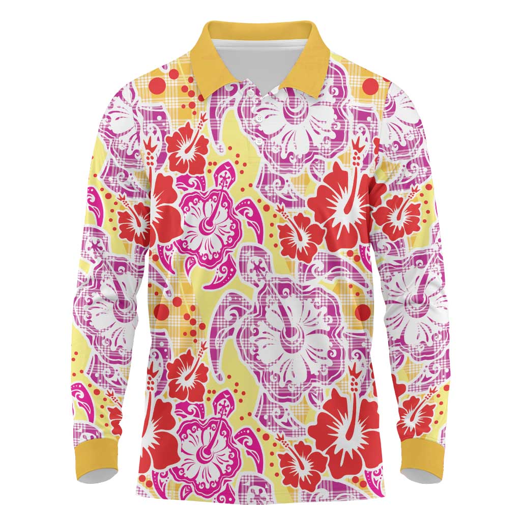 Palaka with Honu and Hibiscus Long Sleeve Polo Shirt Hawaiian Heritage Spirit LT9 Red - Polynesian Pride