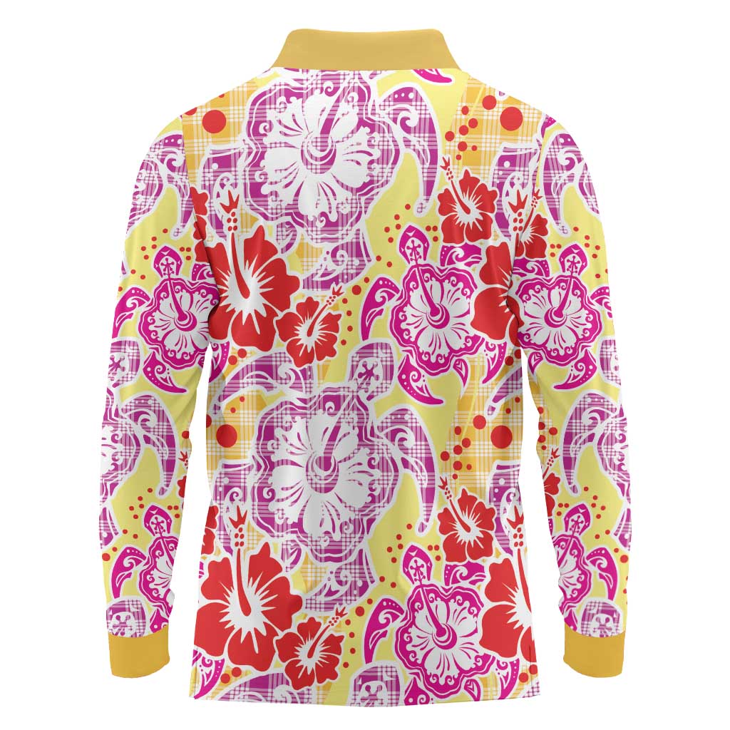 Palaka with Honu and Hibiscus Long Sleeve Polo Shirt Hawaiian Heritage Spirit LT9 - Polynesian Pride