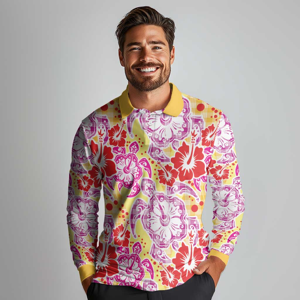 Palaka with Honu and Hibiscus Long Sleeve Polo Shirt Hawaiian Heritage Spirit LT9 - Polynesian Pride