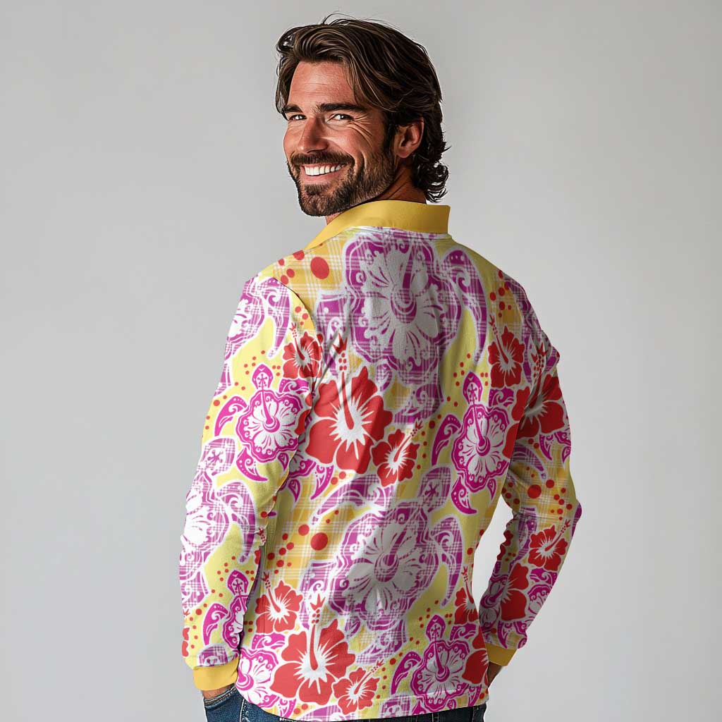 Palaka with Honu and Hibiscus Long Sleeve Polo Shirt Hawaiian Heritage Spirit LT9 - Polynesian Pride