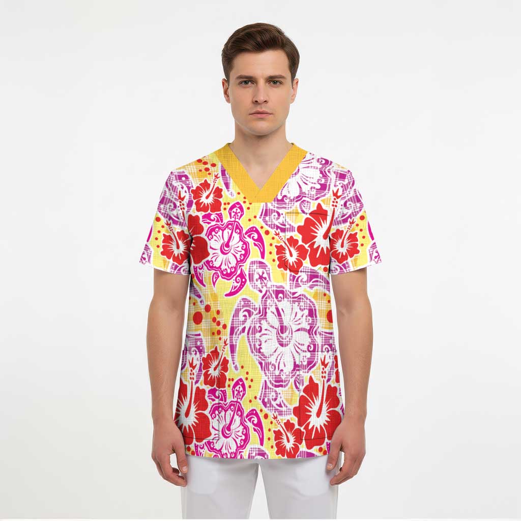Palaka with Honu and Hibiscus Scrub Top Hawaiian Heritage Spirit - Polynesian Pride