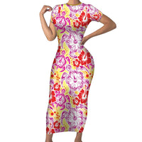 Palaka with Honu and Hibiscus Short Sleeve Bodycon Dress Hawaiian Heritage Spirit LT9 Long Dress Red - Polynesian Pride