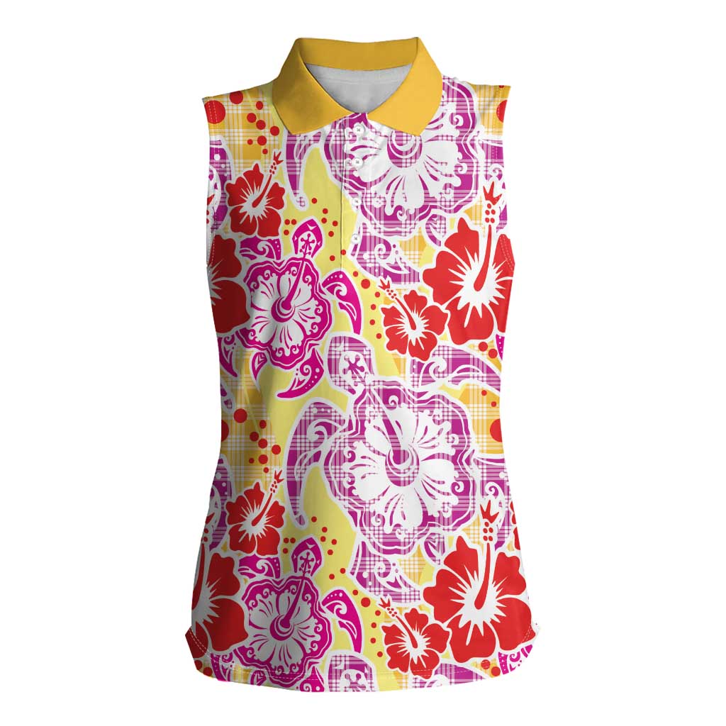 Palaka with Honu and Hibiscus Women Sleeveless Polo Shirt Hawaiian Heritage Spirit LT9 Female Red - Polynesian Pride
