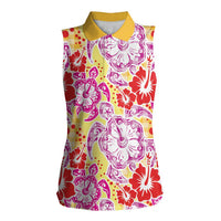 Palaka with Honu and Hibiscus Women Sleeveless Polo Shirt Hawaiian Heritage Spirit LT9 Female Red - Polynesian Pride