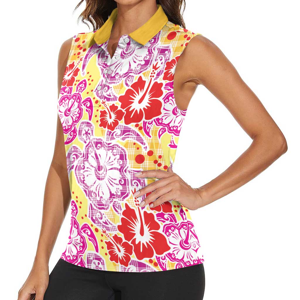 Palaka with Honu and Hibiscus Women Sleeveless Polo Shirt Hawaiian Heritage Spirit LT9 - Polynesian Pride