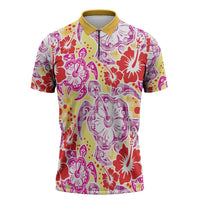 Palaka with Honu and Hibiscus Zipper Polo Shirt Hawaiian Heritage Spirit LT9 Red - Polynesian Pride