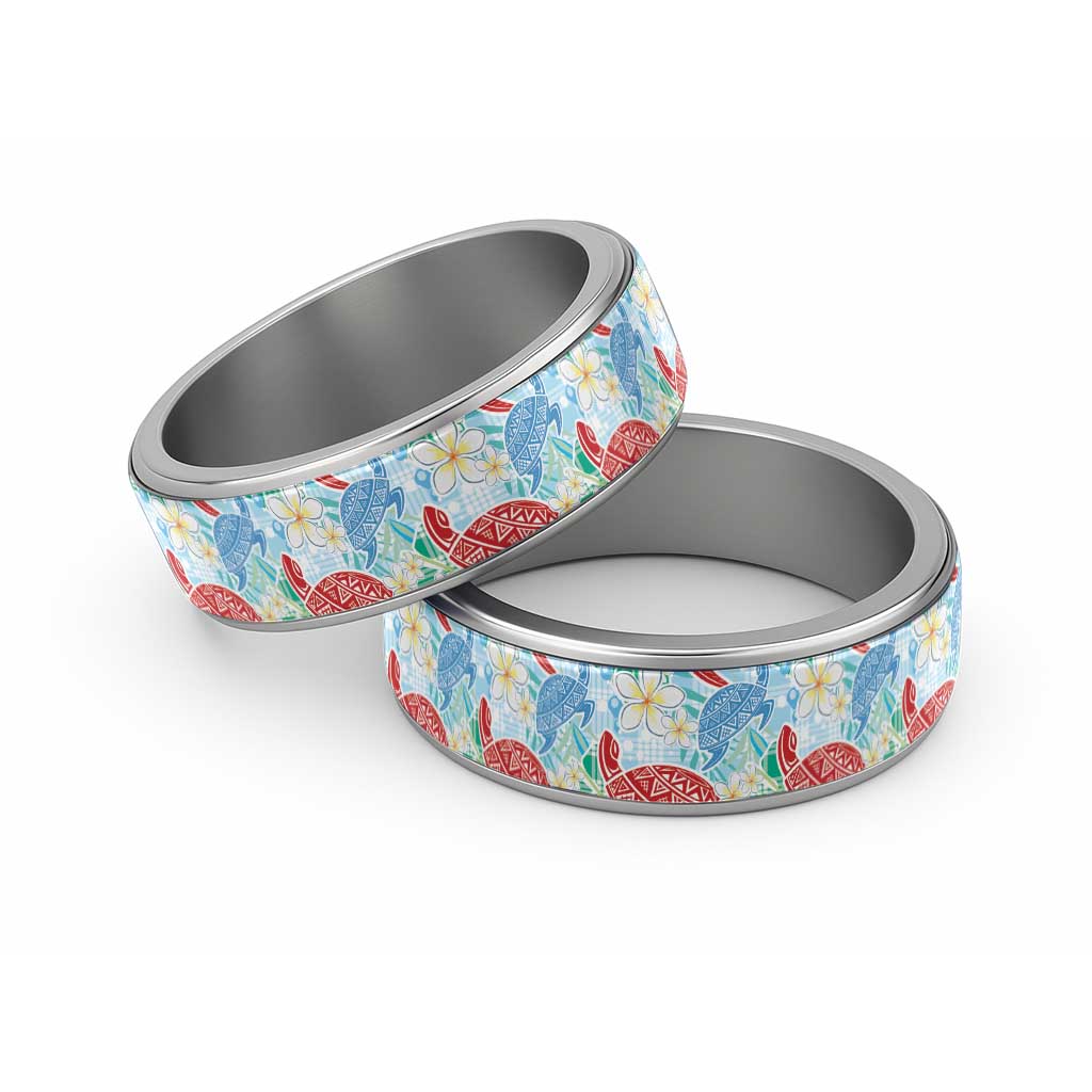 Palaka with Honu and Plumeria Classic Ring Hawaiian Heritage Spirit LT9 Sliver Blue - Polynesian Pride