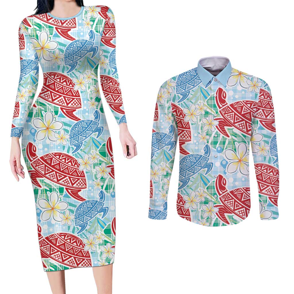 Palaka with Honu and Plumeria Couples Matching Long Sleeve Bodycon Dress and Long Sleeve Button Shirt Hawaiian Heritage Spirit LT9 Blue - Polynesian Pride