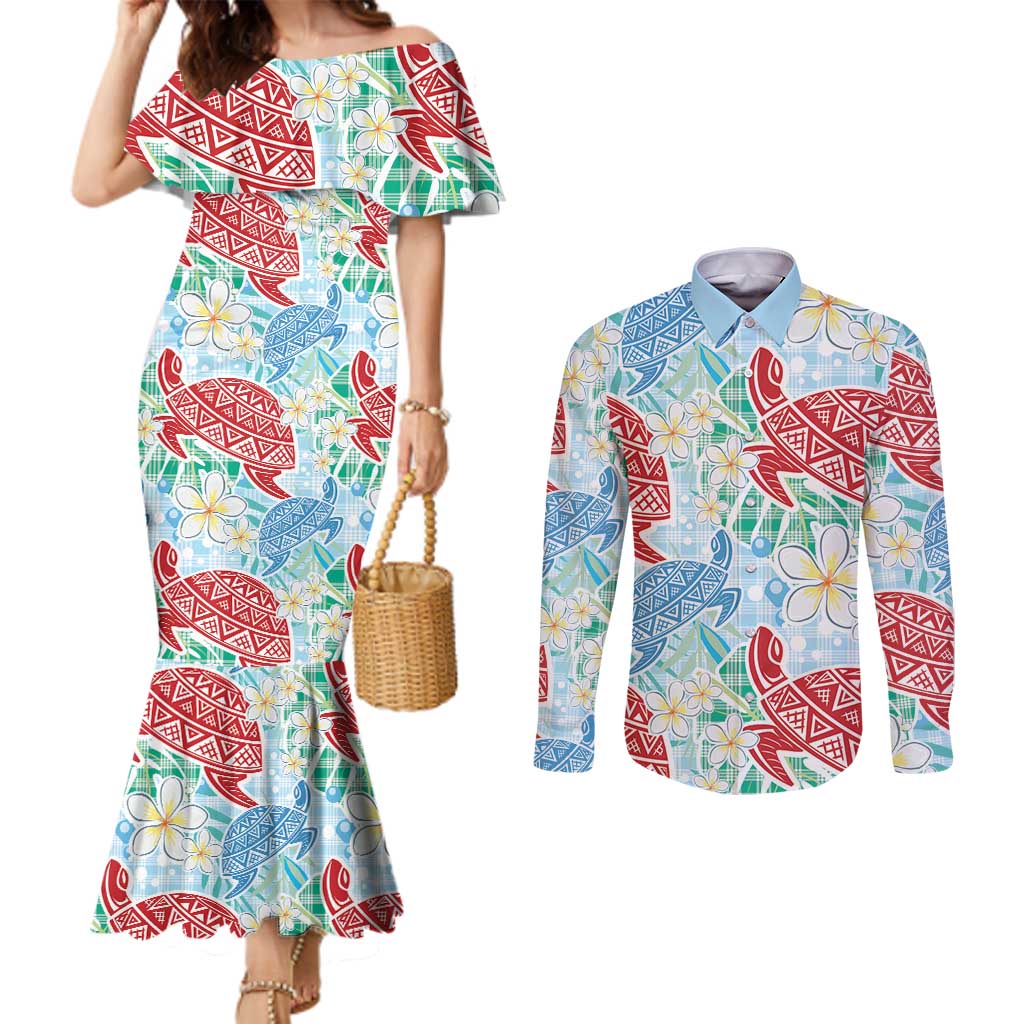 Palaka with Honu and Plumeria Couples Matching Mermaid Dress and Long Sleeve Button Shirt Hawaiian Heritage Spirit LT9 Blue - Polynesian Pride