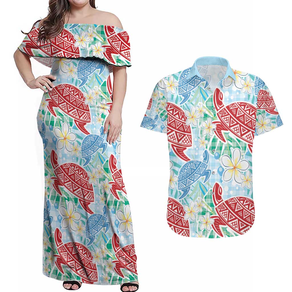 Palaka with Honu and Plumeria Couples Matching Off Shoulder Maxi Dress and Hawaiian Shirt Hawaiian Heritage Spirit LT9 Blue - Polynesian Pride