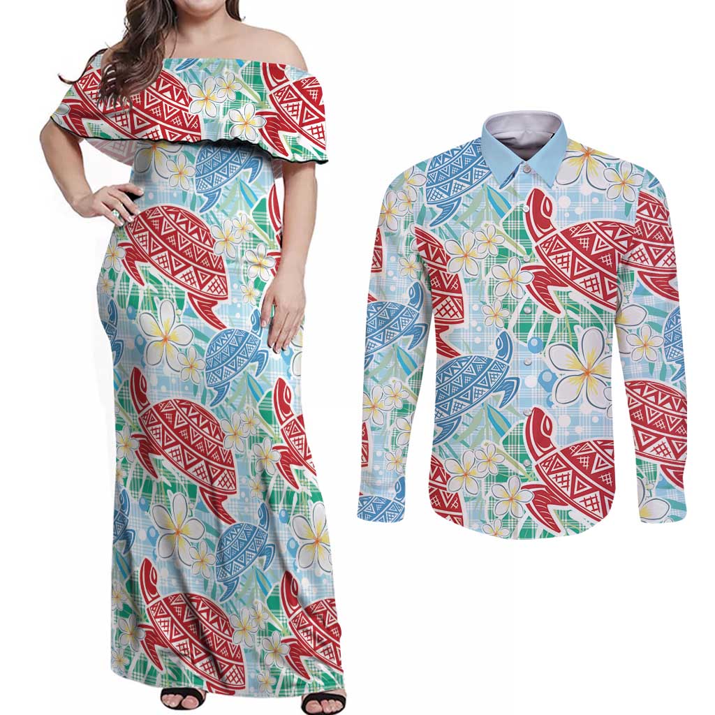 Palaka with Honu and Plumeria Couples Matching Off Shoulder Maxi Dress and Long Sleeve Button Shirt Hawaiian Heritage Spirit LT9 Blue - Polynesian Pride