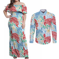 Palaka with Honu and Plumeria Couples Matching Off Shoulder Maxi Dress and Long Sleeve Button Shirt Hawaiian Heritage Spirit LT9 Blue - Polynesian Pride