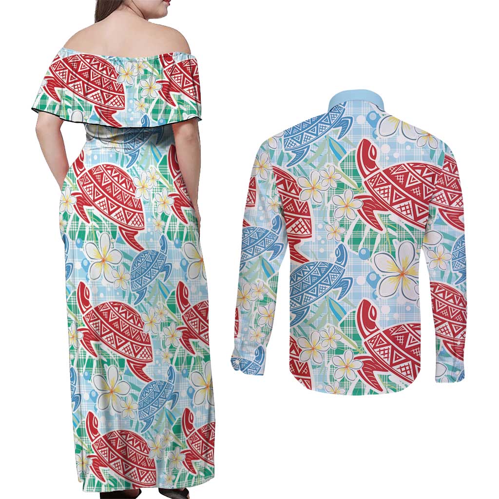 Palaka with Honu and Plumeria Couples Matching Off Shoulder Maxi Dress and Long Sleeve Button Shirt Hawaiian Heritage Spirit LT9 - Polynesian Pride