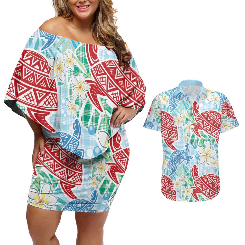 Palaka with Honu and Plumeria Couples Matching Off Shoulder Short Dress and Hawaiian Shirt Hawaiian Heritage Spirit LT9 Blue - Polynesian Pride