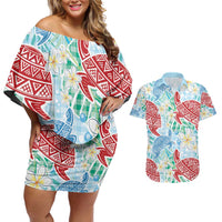 Palaka with Honu and Plumeria Couples Matching Off Shoulder Short Dress and Hawaiian Shirt Hawaiian Heritage Spirit LT9 Blue - Polynesian Pride