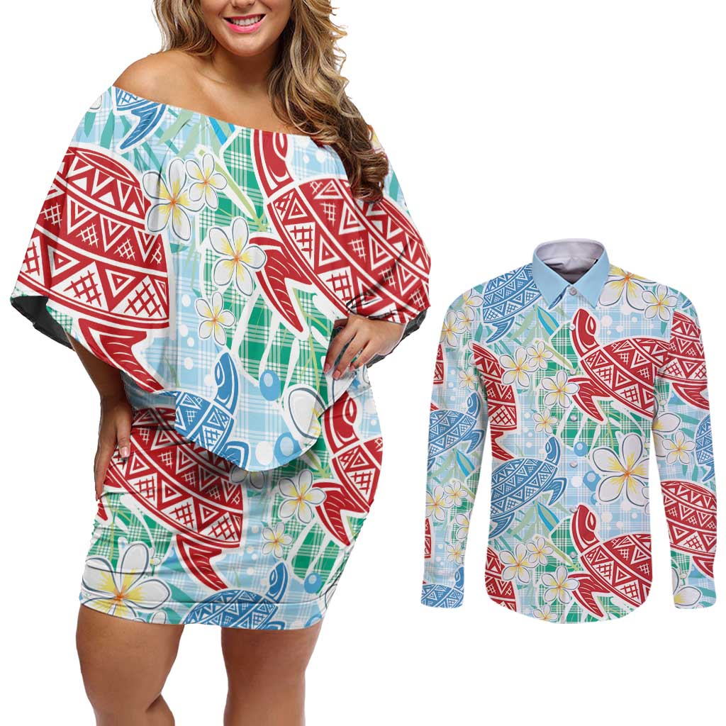 Palaka with Honu and Plumeria Couples Matching Off Shoulder Short Dress and Long Sleeve Button Shirt Hawaiian Heritage Spirit LT9 Blue - Polynesian Pride