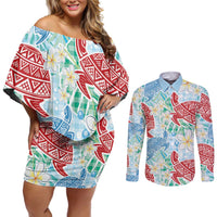 Palaka with Honu and Plumeria Couples Matching Off Shoulder Short Dress and Long Sleeve Button Shirt Hawaiian Heritage Spirit LT9 Blue - Polynesian Pride