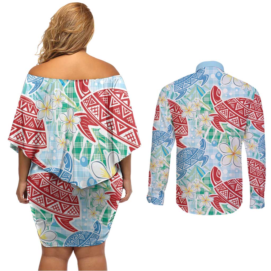 Palaka with Honu and Plumeria Couples Matching Off Shoulder Short Dress and Long Sleeve Button Shirt Hawaiian Heritage Spirit LT9 - Polynesian Pride