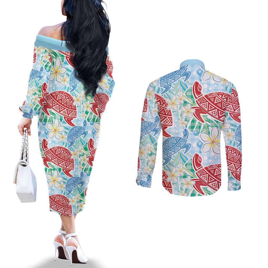 Palaka with Honu and Plumeria Couples Matching Off The Shoulder Long Sleeve Dress and Long Sleeve Button Shirt Hawaiian Heritage Spirit LT9 - Polynesian Pride