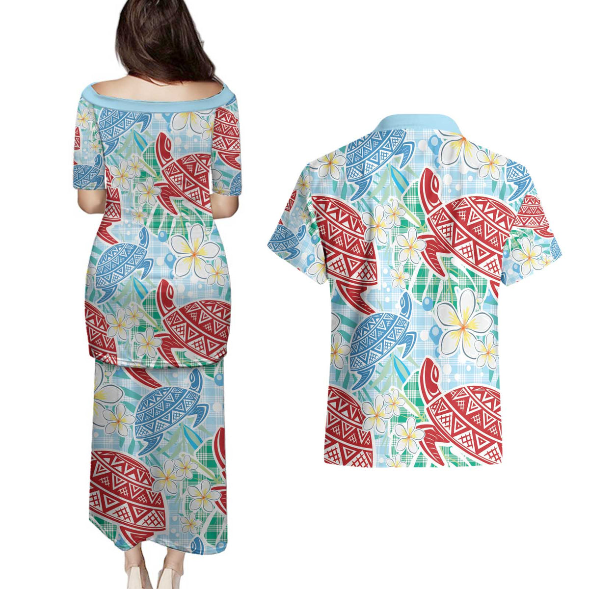 Palaka with Honu and Plumeria Couples Matching Puletasi and Hawaiian Shirt Hawaiian Heritage Spirit LT9 - Polynesian Pride