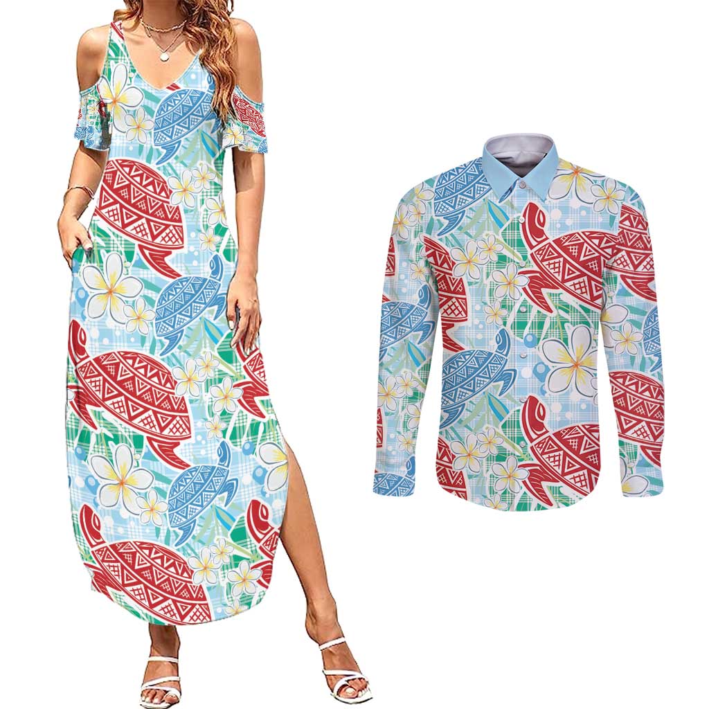 Palaka with Honu and Plumeria Couples Matching Summer Maxi Dress and Long Sleeve Button Shirt Hawaiian Heritage Spirit LT9 Blue - Polynesian Pride