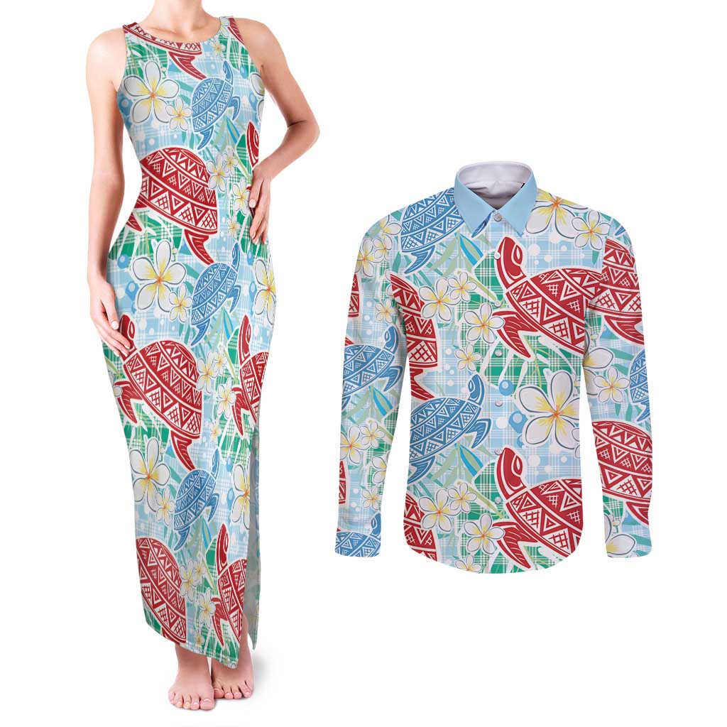 Palaka with Honu and Plumeria Couples Matching Tank Maxi Dress and Long Sleeve Button Shirt Hawaiian Heritage Spirit LT9 Blue - Polynesian Pride