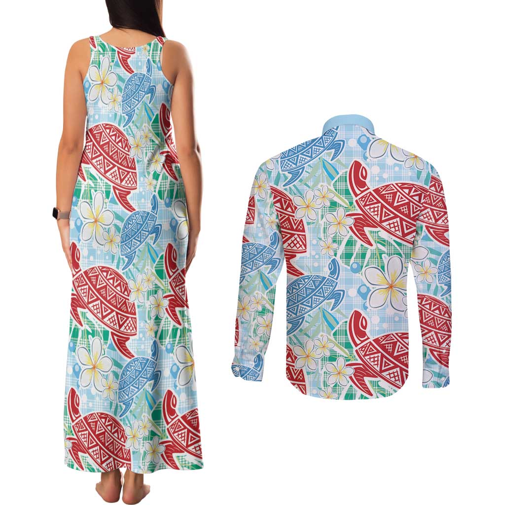 Palaka with Honu and Plumeria Couples Matching Tank Maxi Dress and Long Sleeve Button Shirt Hawaiian Heritage Spirit LT9 - Polynesian Pride