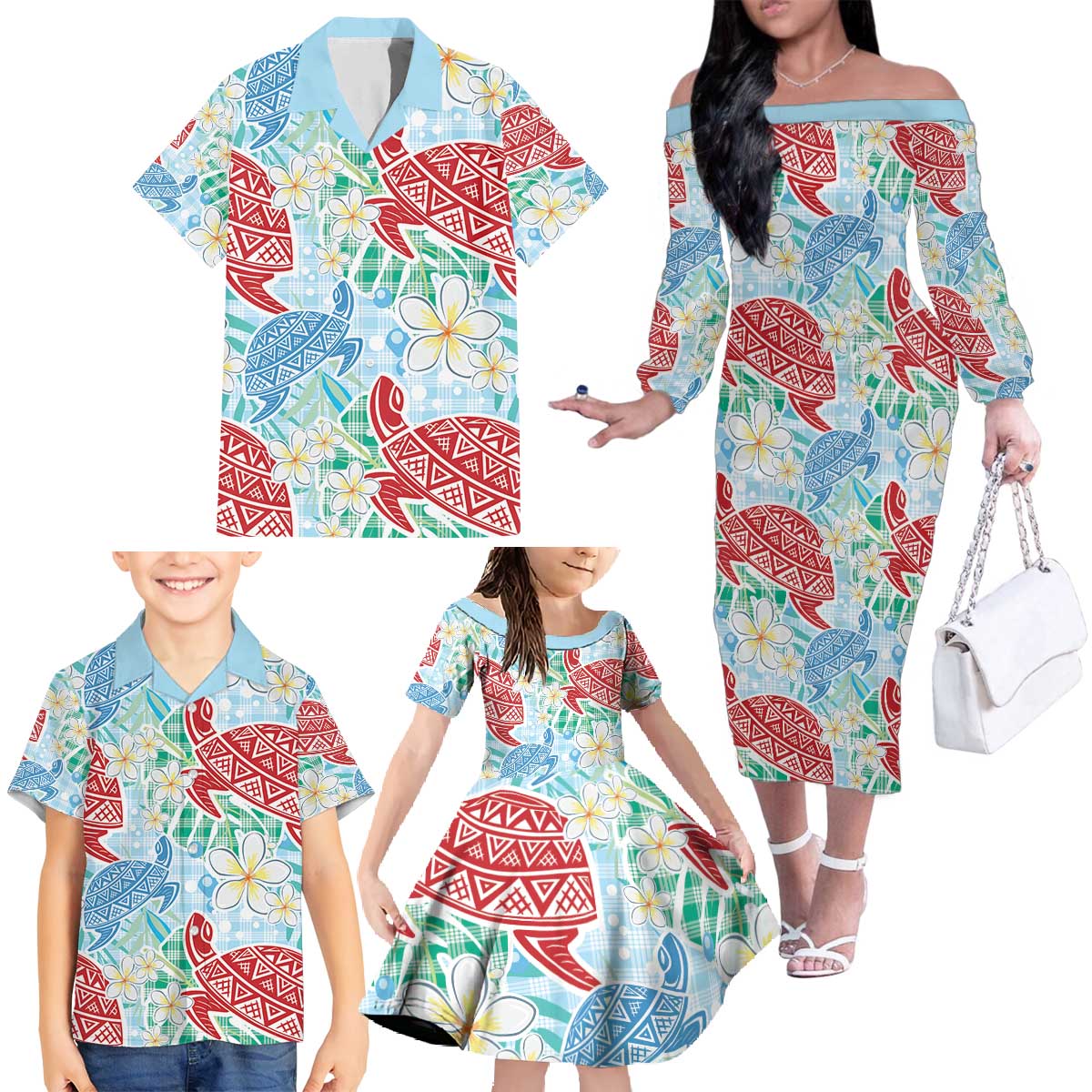 Palaka with Honu and Plumeria Family Matching Off The Shoulder Long Sleeve Dress and Hawaiian Shirt Hawaiian Heritage Spirit LT9 - Polynesian Pride