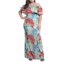 Palaka with Honu and Plumeria Family Matching Off Shoulder Maxi Dress and Hawaiian Shirt Hawaiian Heritage Spirit LT9 Mom's Dress Blue - Polynesian Pride
