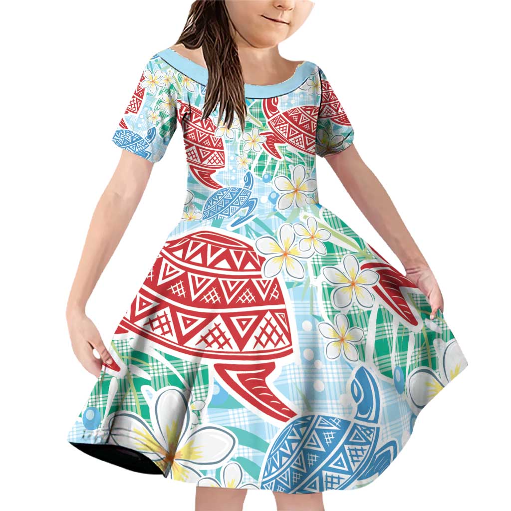 Palaka with Honu and Plumeria Family Matching Off Shoulder Short Dress and Hawaiian Shirt Hawaiian Heritage Spirit LT9 Daughter's Dress Blue - Polynesian Pride