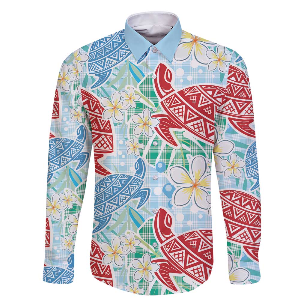 Palaka with Honu and Plumeria Family Matching Puletasi and Hawaiian Shirt Hawaiian Heritage Spirit LT9 Dad's Shirt - Long Sleeve Blue - Polynesian Pride