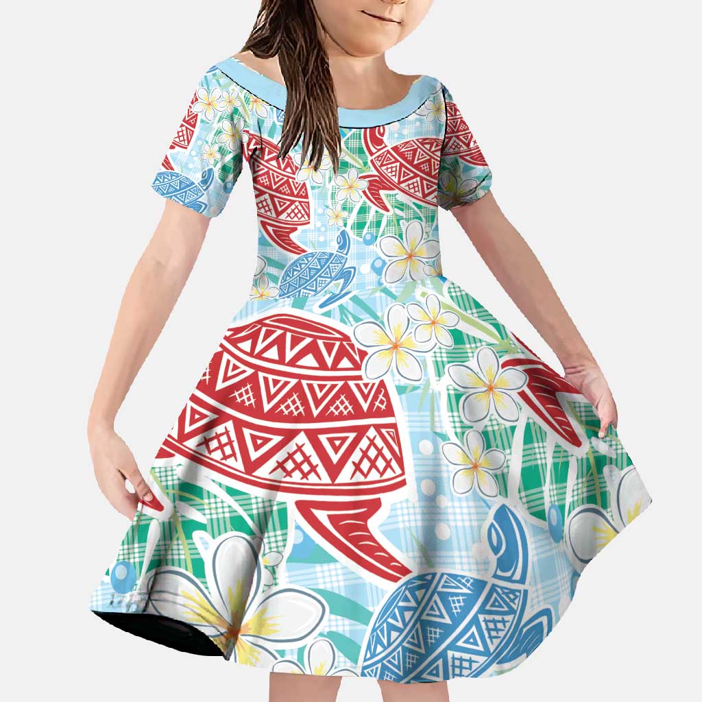 Palaka with Honu and Plumeria Family Matching Short Sleeve Bodycon Dress and Hawaiian Shirt Hawaiian Heritage Spirit LT9 Daughter's Dress Blue - Polynesian Pride
