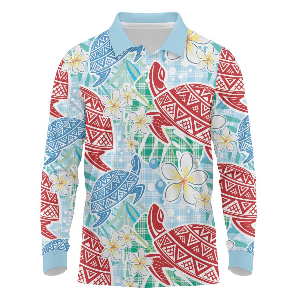 Palaka with Honu and Plumeria Long Sleeve Polo Shirt Hawaiian Heritage Spirit LT9 Blue - Polynesian Pride