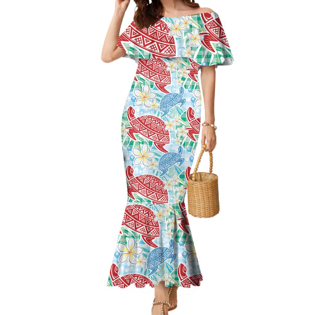 Palaka with Honu and Plumeria Mermaid Dress Hawaiian Heritage Spirit LT9 Women Blue - Polynesian Pride