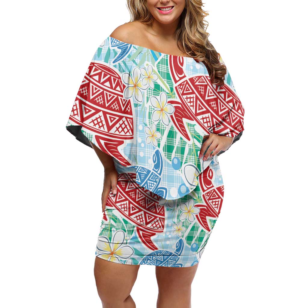 Palaka with Honu and Plumeria Off Shoulder Short Dress Hawaiian Heritage Spirit LT9 Women Blue - Polynesian Pride