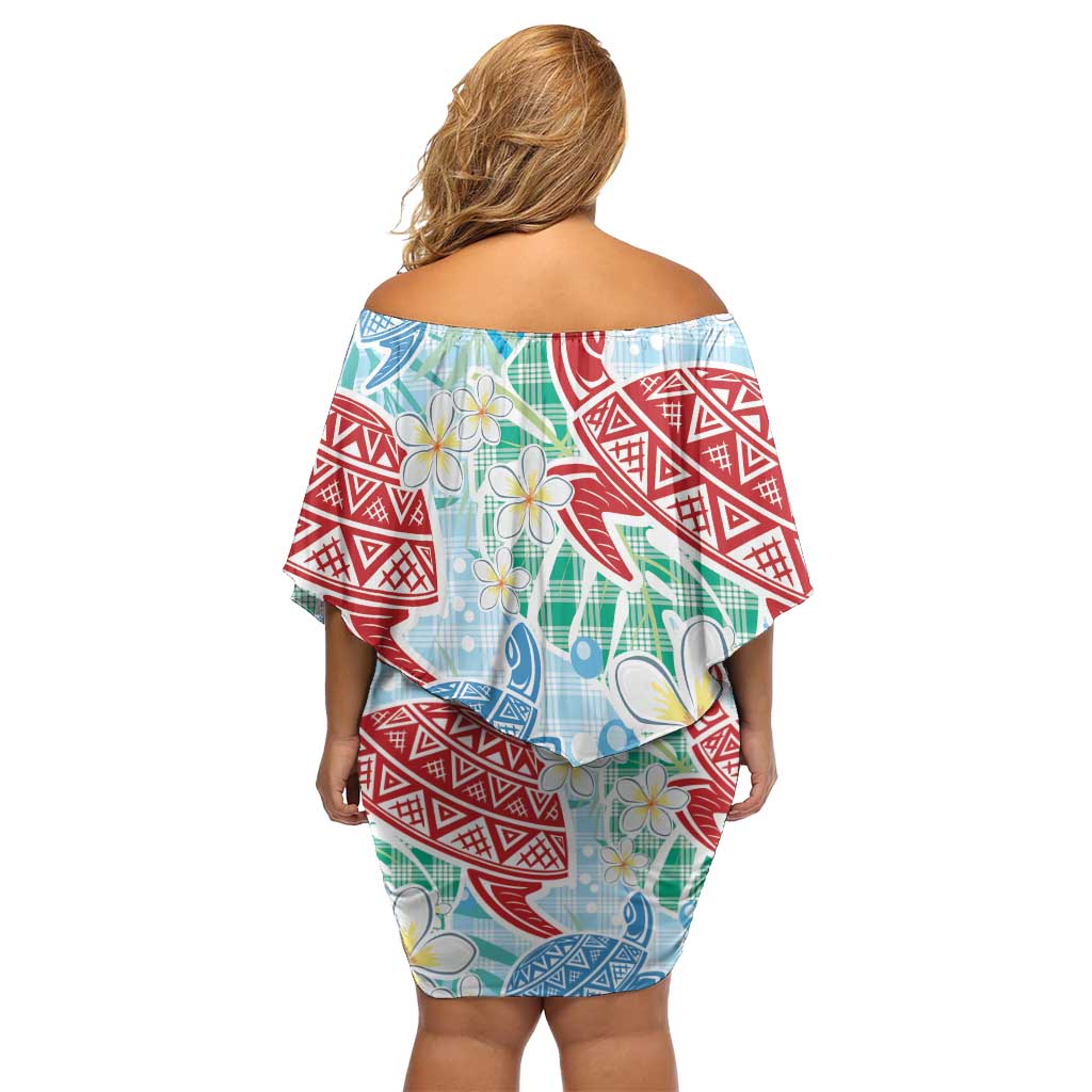 Palaka with Honu and Plumeria Off Shoulder Short Dress Hawaiian Heritage Spirit LT9 - Polynesian Pride